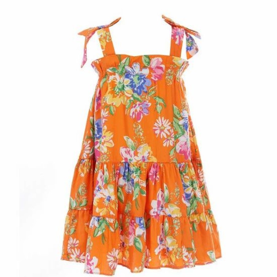 Kids * | Deals Rare Editions Little Girls 2T-6X Sleeveless Tie-Bow Floral Printed Tiered Babydoll Dress Orange