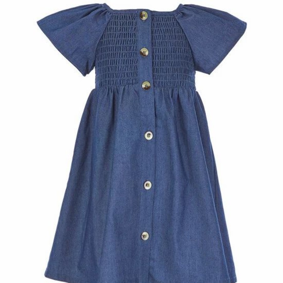 Kids * | Best Deal Rare Editions Little Girls 2T-6X Flutter-Sleeve Smocked Chambray Fit-And-Flare Dress Blue