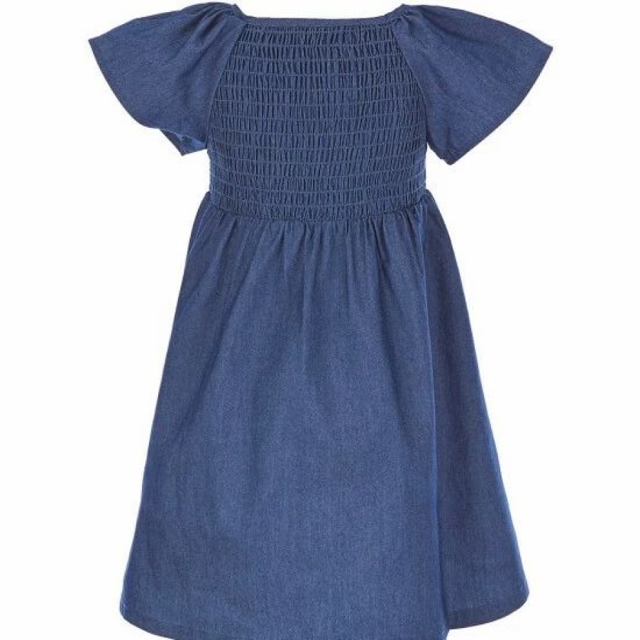 Kids * | Best Deal Rare Editions Little Girls 2T-6X Flutter-Sleeve Smocked Chambray Fit-And-Flare Dress Blue