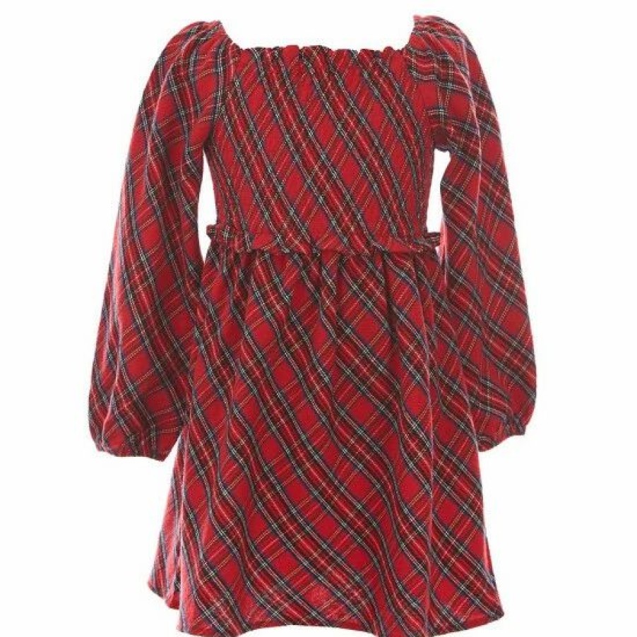 Kids * | Deals Rare Editions Little Girls 2T-6X Twill Yarn Dye Plaid Smoked Bodice Dress Red