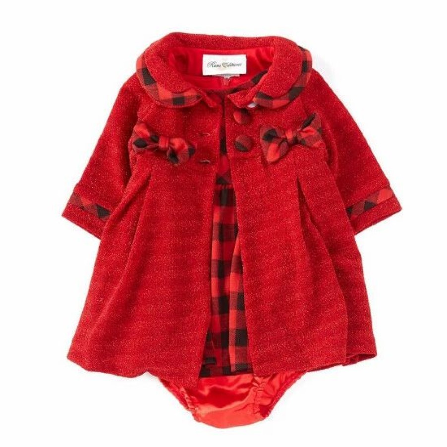 Kids * | Brand New Rare Editions Baby Girls 3-24 Months Long-Sleeve Lurex-Knit Coat & Short-Sleeve Buffalo-Check Fit-And-Flare Dress Red