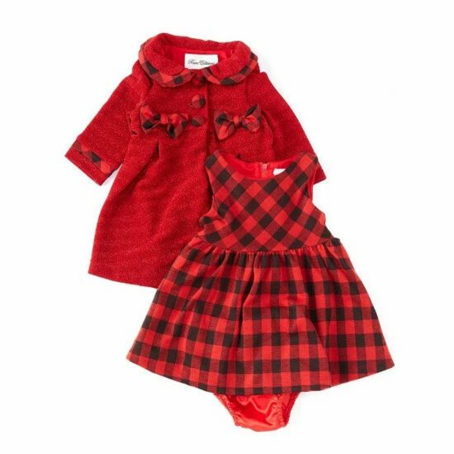 Kids * | Brand New Rare Editions Baby Girls 3-24 Months Long-Sleeve Lurex-Knit Coat & Short-Sleeve Buffalo-Check Fit-And-Flare Dress Red