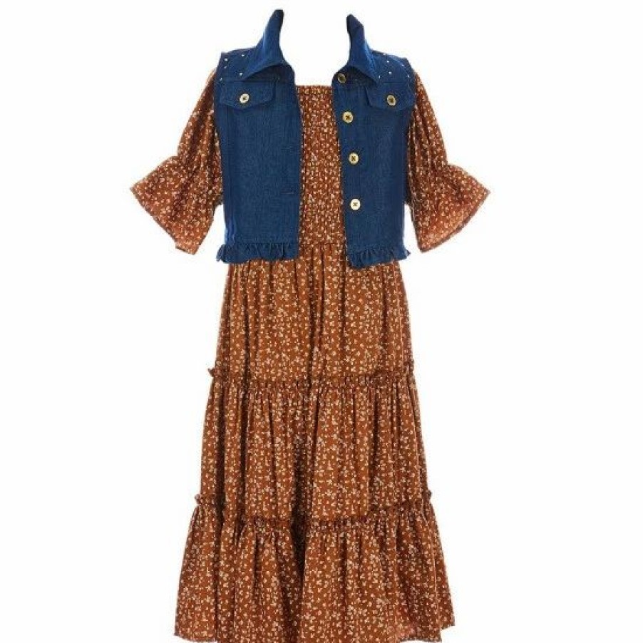 Kids * | Deals Rare Editions Big Girls 7-16 Sleeveless Denim Vest & Ditsy-Floral Fit-And-Flare Dress Two Piece Set Brown