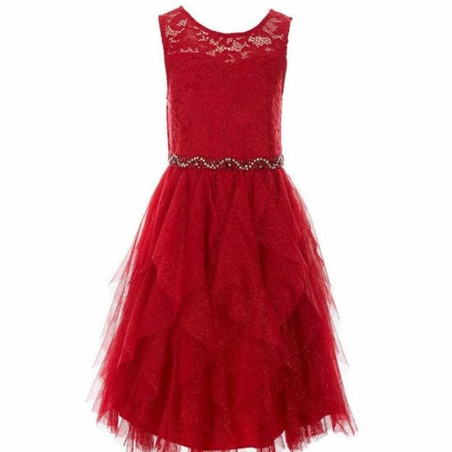 Kids * | Top 10 Rare Editions Big Girls 7-16 Glitter Stretch Lace Illusion Lace Cascade Dress Red