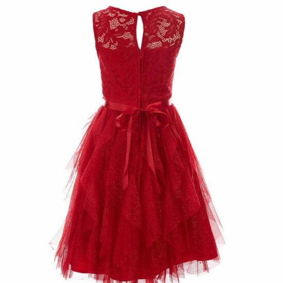 Kids * | Top 10 Rare Editions Big Girls 7-16 Glitter Stretch Lace Illusion Lace Cascade Dress Red