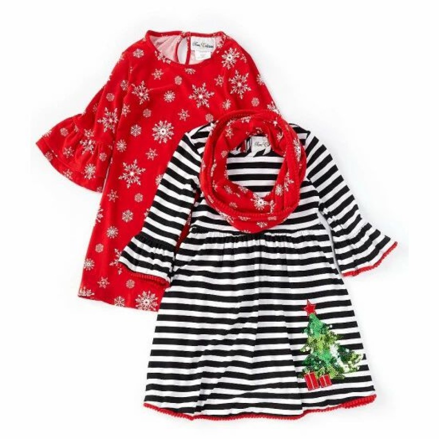 Kids * | Best Sale Rare Editions Little Girls 2T-6X Christmas Snowflake-Printed Dress, Snowflake Scarf & Striped Christmas Tree Dress Set Red