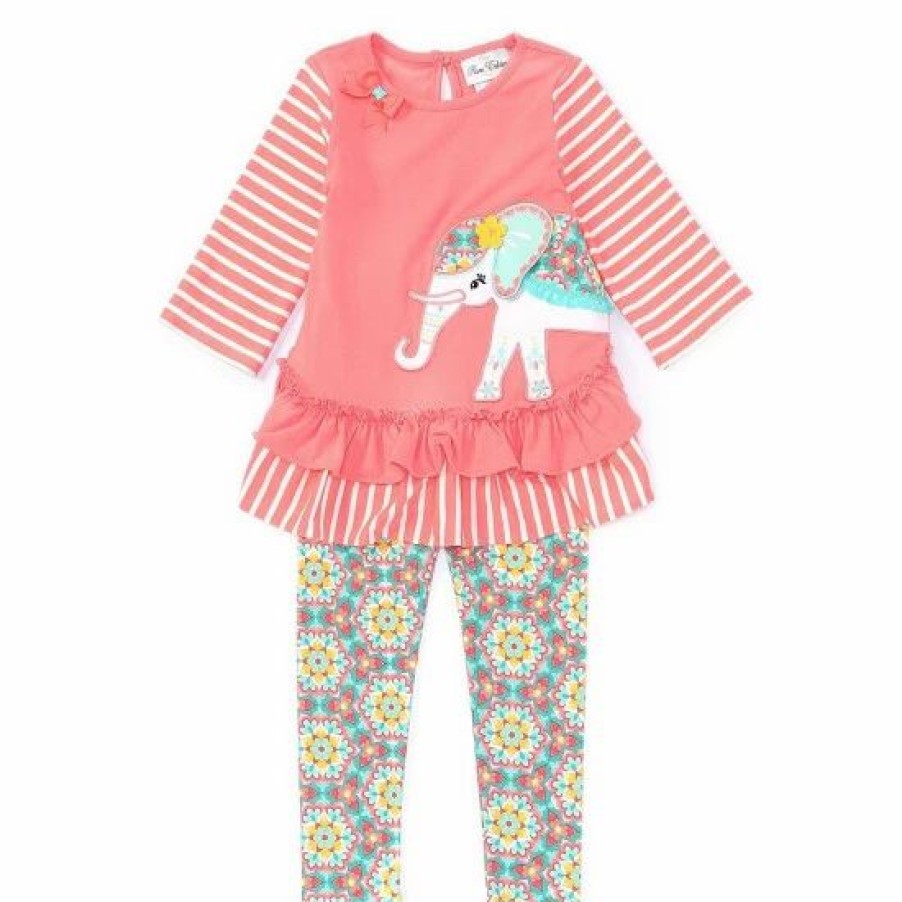 Kids * | Outlet Rare Editions Little Girls 2T-6X Stripe 3/4 Sleeve Ruffled Elephant Applique Top & Pattern Legging 2-Piece Set Coral/Teal Multi