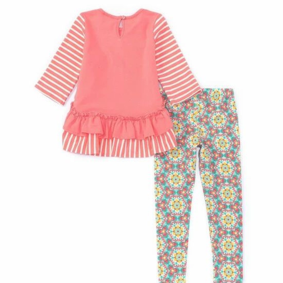 Kids * | Outlet Rare Editions Little Girls 2T-6X Stripe 3/4 Sleeve Ruffled Elephant Applique Top & Pattern Legging 2-Piece Set Coral/Teal Multi