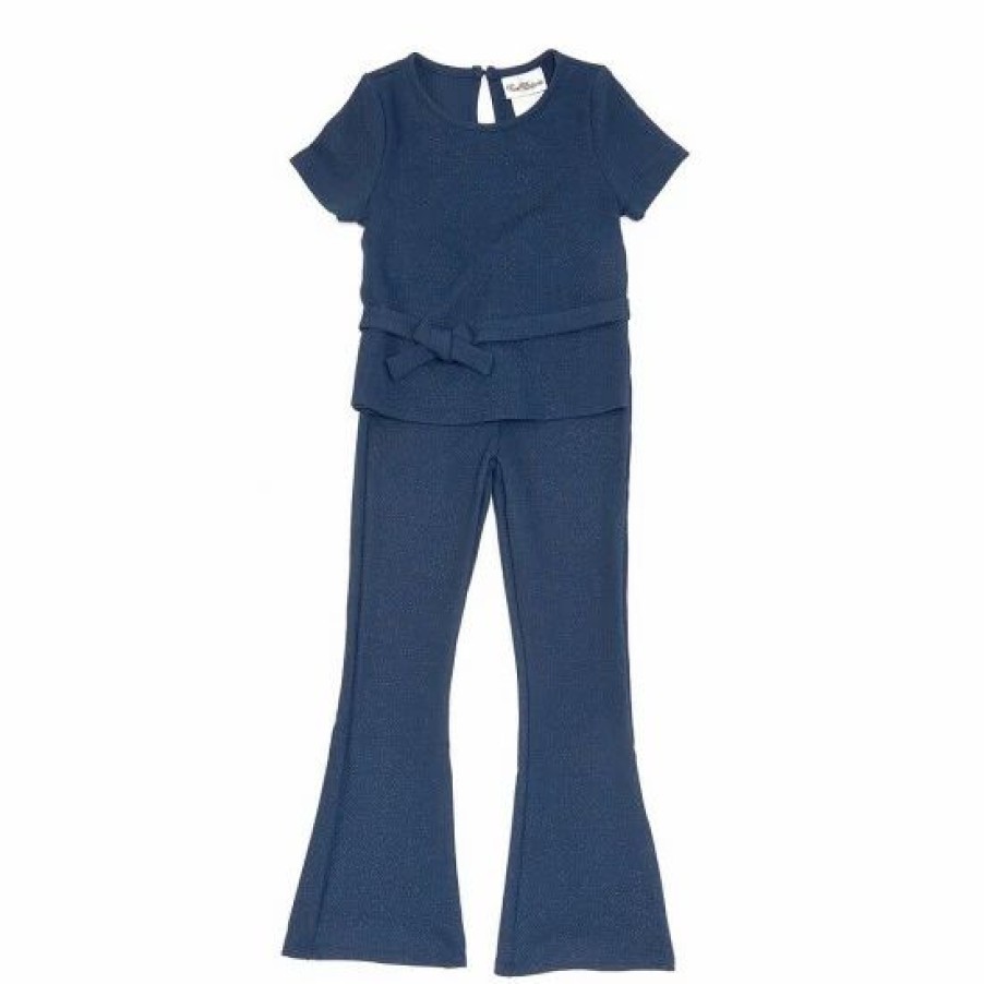 Kids * | Cheapest Rare Editions Big Girls 7-16 Lurex Knit Short Sleeves Belted Top & Bell Pants 2-Piece Set Navy