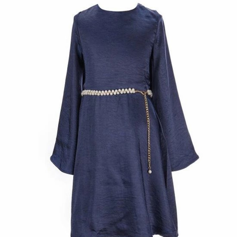 Kids * | Deals Rare Editions Big Girls 7-16 Long Bell Sleeve Pearl Belted Keyhole Back Satin Skater Dress Navy