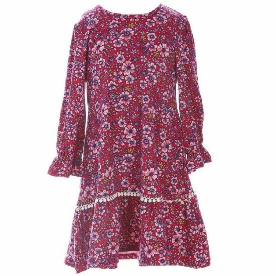 Kids * | Best Reviews Of Rare Editions Little Girls 2T-6X Long-Sleeve Floral-Printed A-Line Dress Burgundy