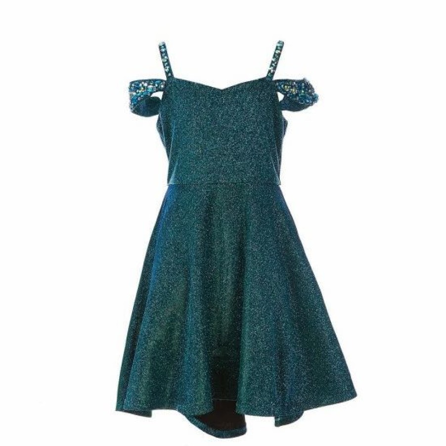 Kids * | Buy Rare Editions Big Girls 7-16 Rhinestone Off-The-Shoulder Iridescent Lurex Hi-Low Dress Peacock