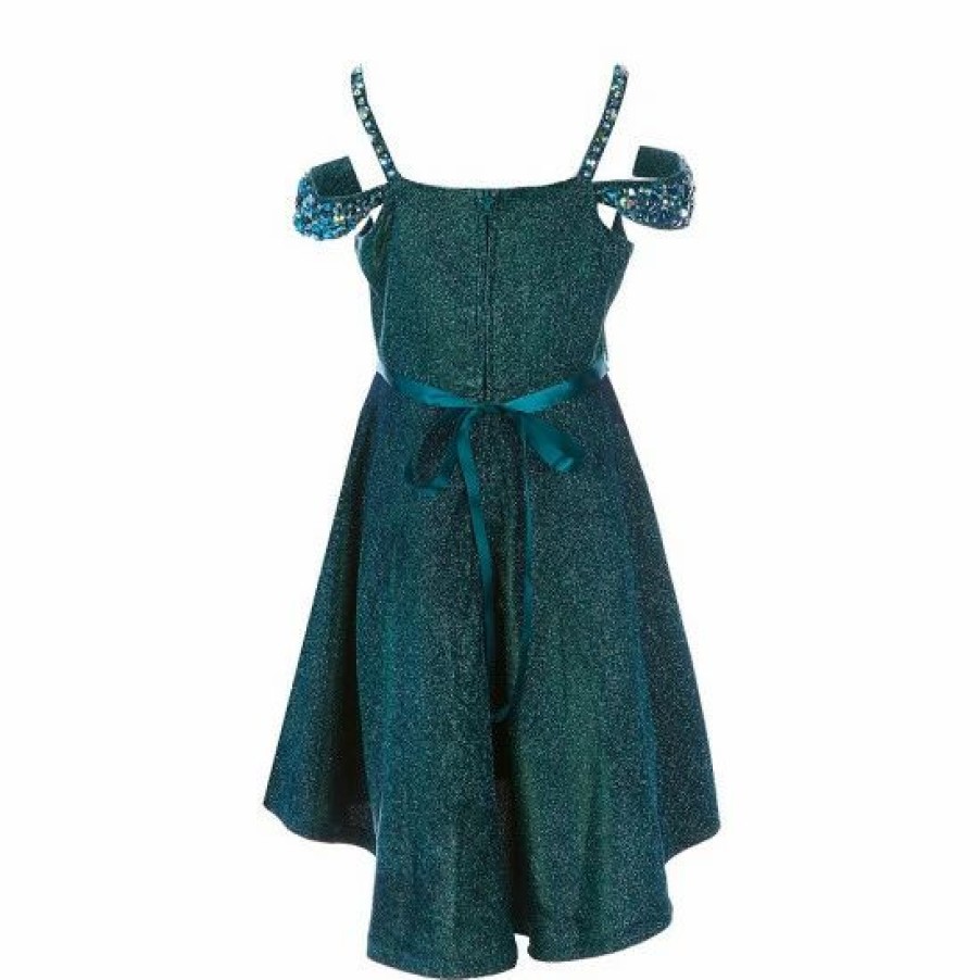 Kids * | Buy Rare Editions Big Girls 7-16 Rhinestone Off-The-Shoulder Iridescent Lurex Hi-Low Dress Peacock