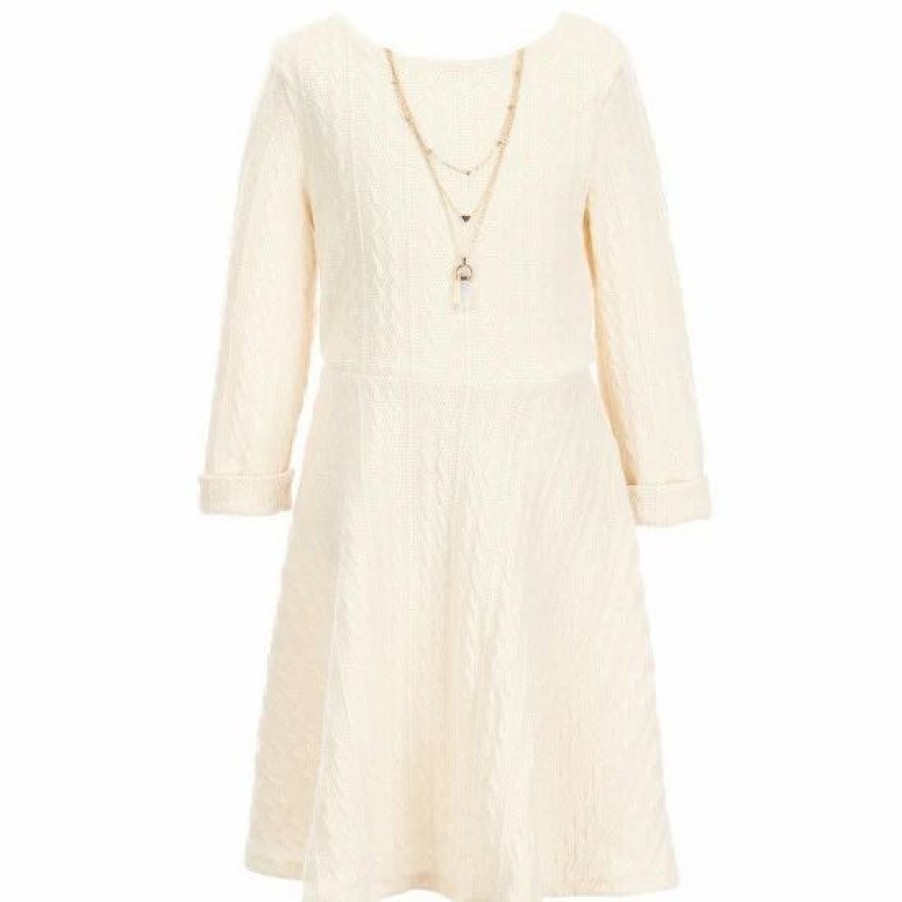 Kids * | Hot Sale Rare Editions Big Girls 7-16 Long-Sleeve Double Knit Fit And Flare Dress & Coordinating Necklace Ivory