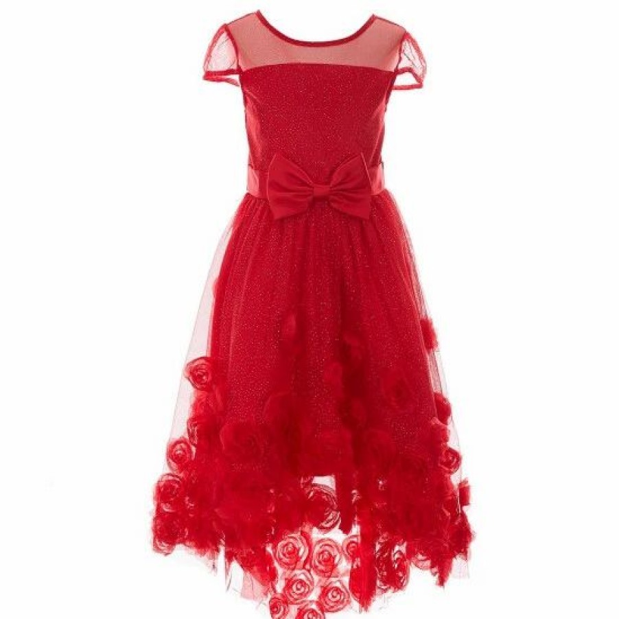 Kids * | Best Reviews Of Rare Editions Big Girls 7-16 Illusion Glitter Mesh Bodice Soutache Hi-Lo Dress Red