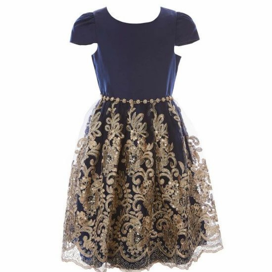 Kids * | Top 10 Rare Editions Little Girls 2T-6X Satin Embroidered Cord Mesh Skirt Dress Navy