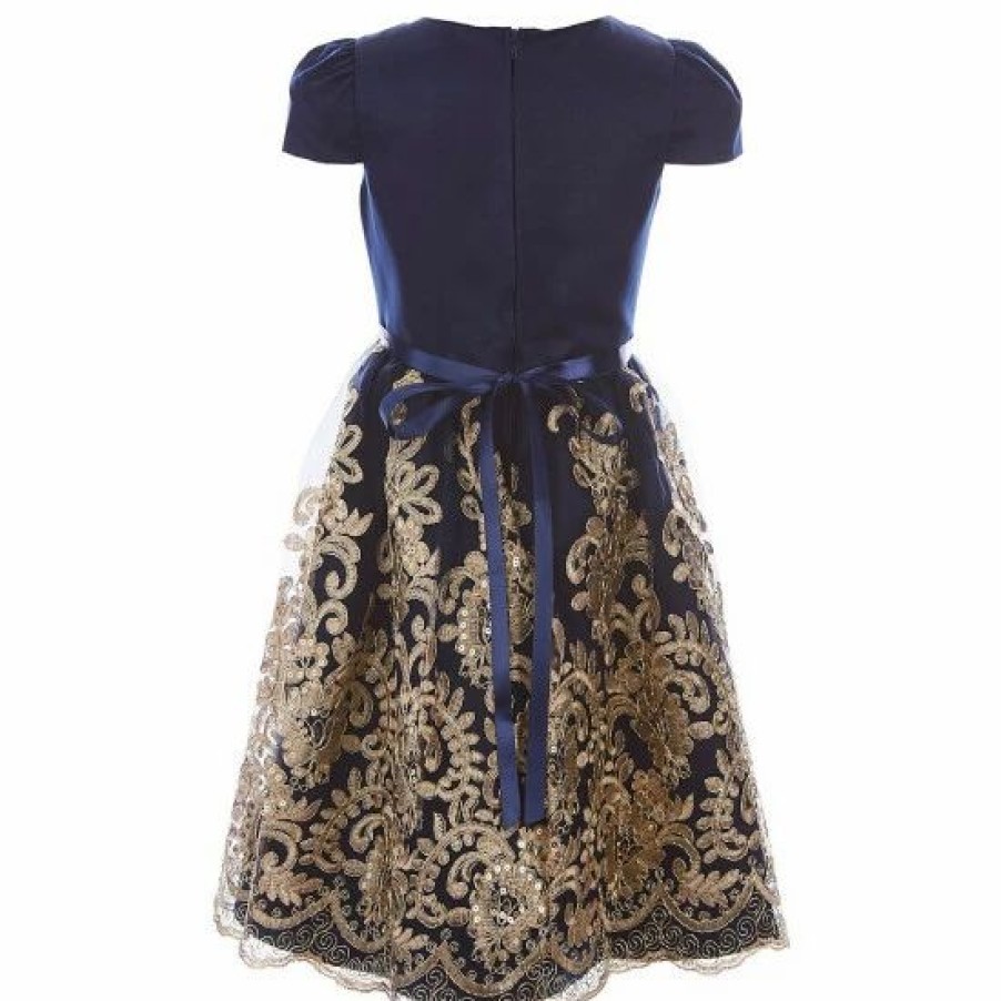 Kids * | Top 10 Rare Editions Little Girls 2T-6X Satin Embroidered Cord Mesh Skirt Dress Navy