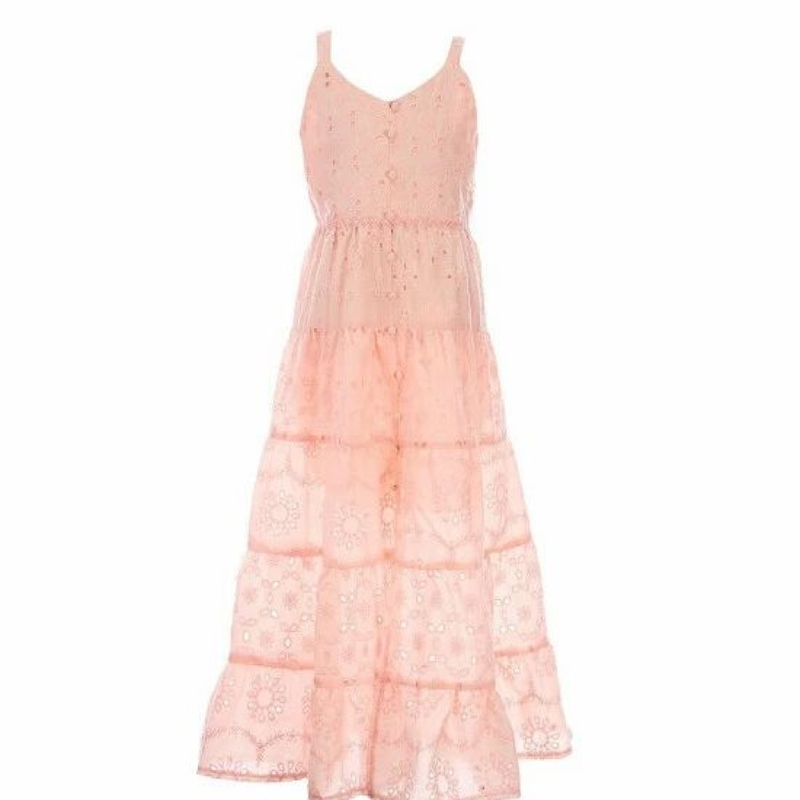 Kids * | Discount Rare Editions Big Girls 7-16 Sleeveless Eyelet-Embroidered Tiered Long Dress Blush