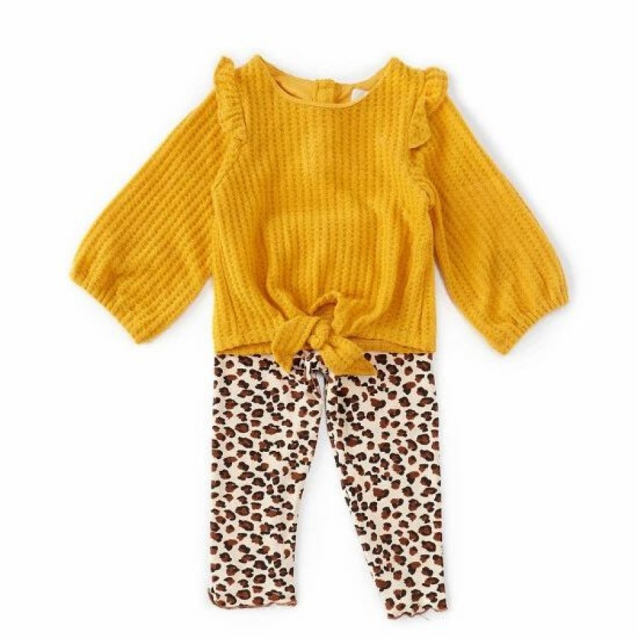 Kids * | Buy Rare Editions Baby Girls 12-24 Months Solid Long-Sleeve Thermal Top & Printed Leggings Two Piece Set Mustard