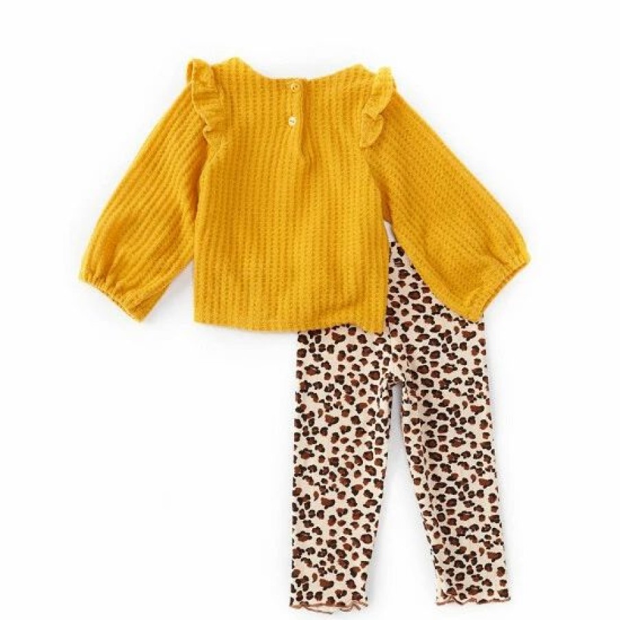 Kids * | Buy Rare Editions Baby Girls 12-24 Months Solid Long-Sleeve Thermal Top & Printed Leggings Two Piece Set Mustard