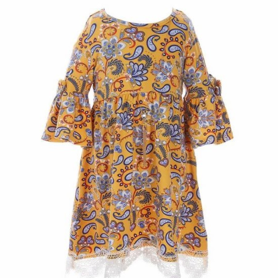 Kids * | Flash Sale Rare Editions Little Girls 4-6X Bell-Sleeve Floral Paisley Printed Lace Trimmed Babydoll Dress & Necklace Set Mustard