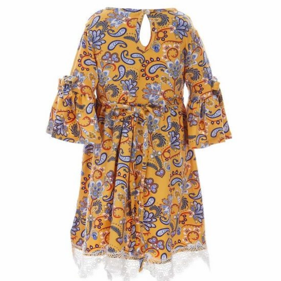 Kids * | Flash Sale Rare Editions Little Girls 4-6X Bell-Sleeve Floral Paisley Printed Lace Trimmed Babydoll Dress & Necklace Set Mustard