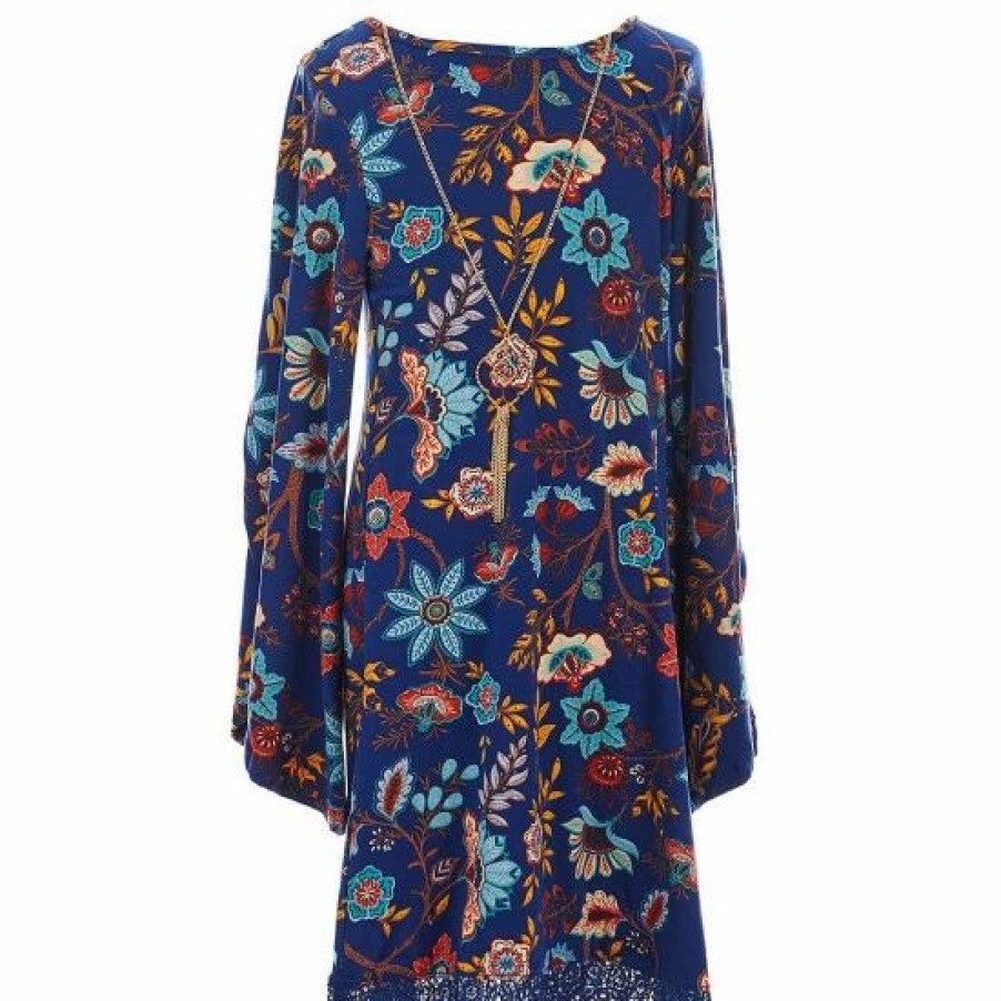 Kids * | Coupon Rare Editions Big Girls 7-16 Split-Sleeve Printed Shift Dress Navy