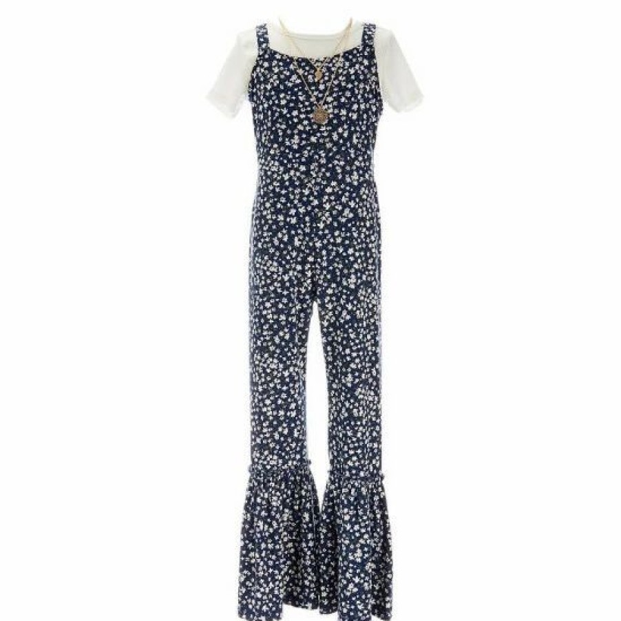 Kids * | Brand New Rare Editions Big Girls 7-16 Sleeveless Printed Flared-Leg Jumpsuit & Solid Short-Sleeve Tee 2-Piece Set Navy