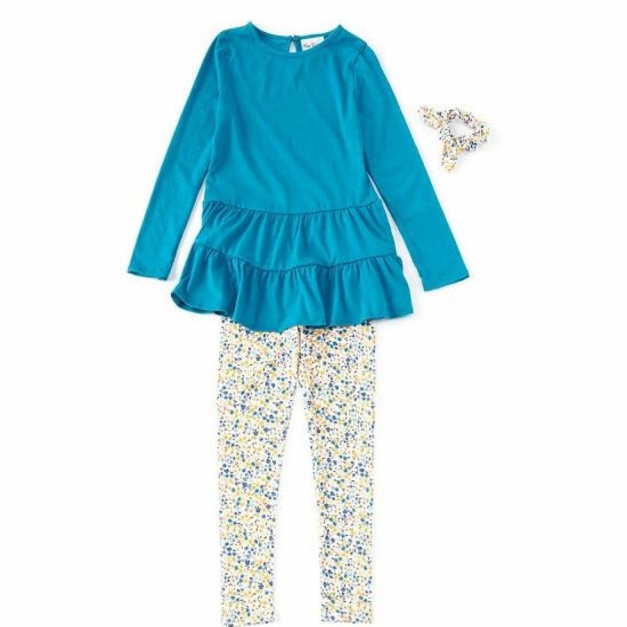 Kids * | Coupon Rare Editions Big Girls 7-12 Long-Sleeve Solid Rib-Knit Tiered Tunic Top & Printed Leggings Set Blue