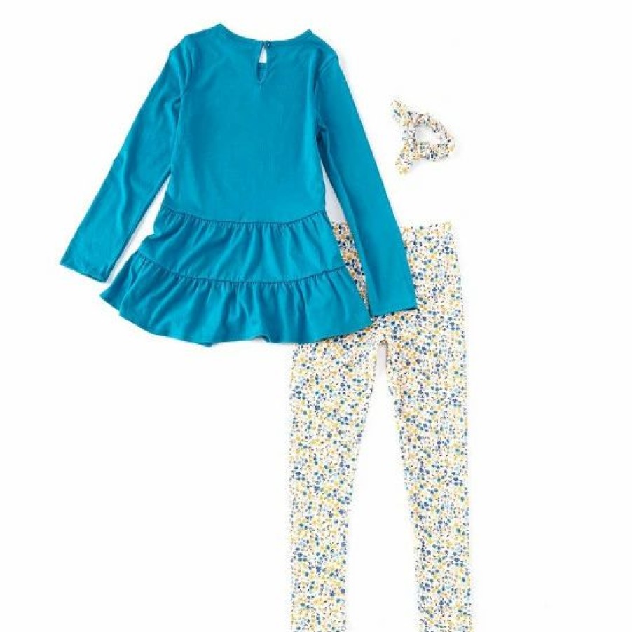 Kids * | Coupon Rare Editions Big Girls 7-12 Long-Sleeve Solid Rib-Knit Tiered Tunic Top & Printed Leggings Set Blue