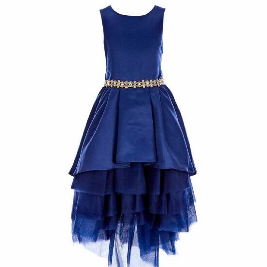 Kids * | Flash Sale Rare Editions Big Girls 7-16 Sleeveless Embellished Waist Trim Satin High-Low Dress Navy