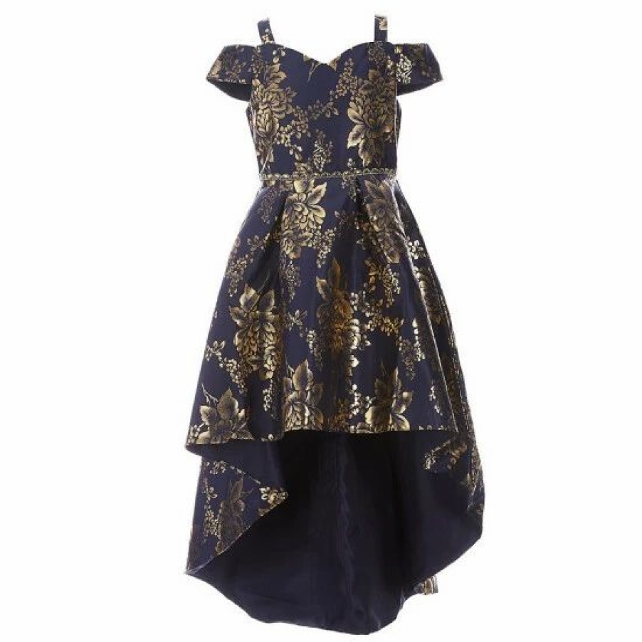 Kids * | Outlet Rare Editions Big Girls 7-16 Cold-Shoulder Foiled Mikado High-Low-Hem Ballgown Navy