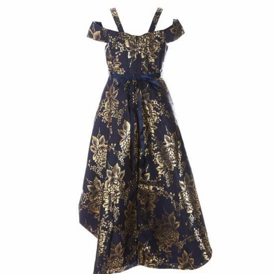 Kids * | Outlet Rare Editions Big Girls 7-16 Cold-Shoulder Foiled Mikado High-Low-Hem Ballgown Navy