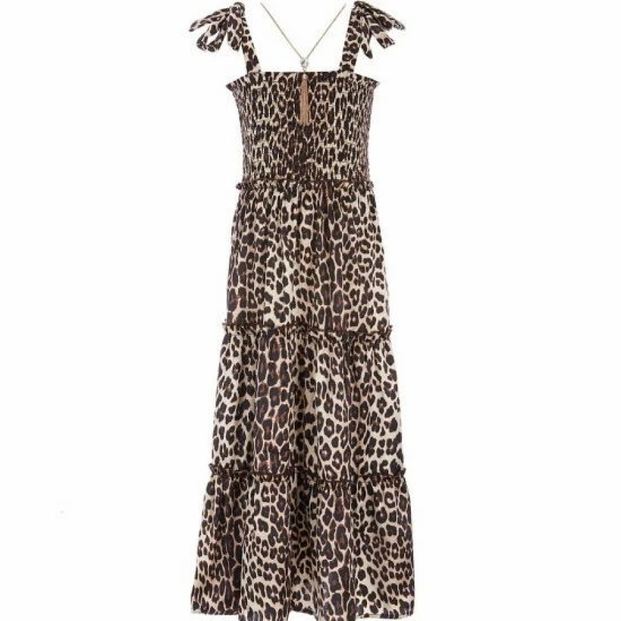 Kids * | Hot Sale Rare Editions Big Girls 7-16 Tie-Strap Smocked Bodice Animal Print Maxi Dress Tan