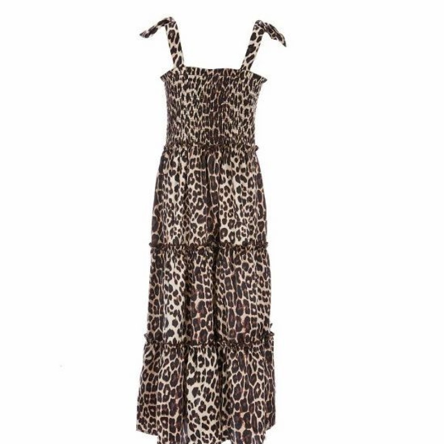 Kids * | Hot Sale Rare Editions Big Girls 7-16 Tie-Strap Smocked Bodice Animal Print Maxi Dress Tan