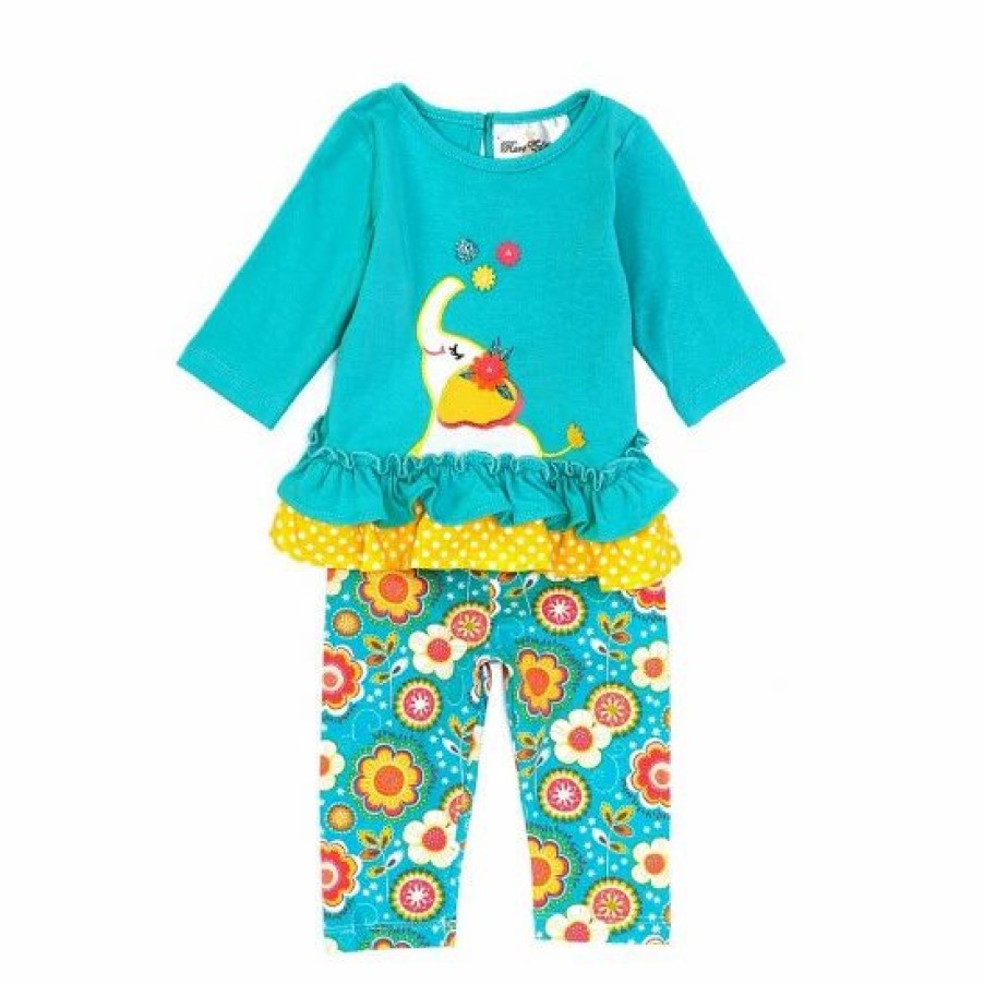 Kids * | Hot Sale Rare Editions Baby Girls 3-24 Months Ruffled Elephant Applique Long Sleeve Top & Printed Leggings Set Teal