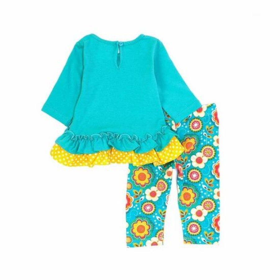 Kids * | Hot Sale Rare Editions Baby Girls 3-24 Months Ruffled Elephant Applique Long Sleeve Top & Printed Leggings Set Teal