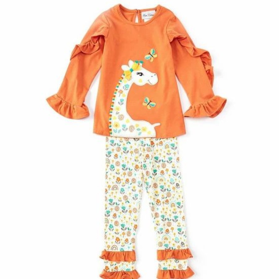 Kids * | Flash Sale Rare Editions Little Girls 2T-6X Ruffle-Sleeve Giraffe-Applique Tunic Top & Printed Ruched Pant 2-Piece Set Orange