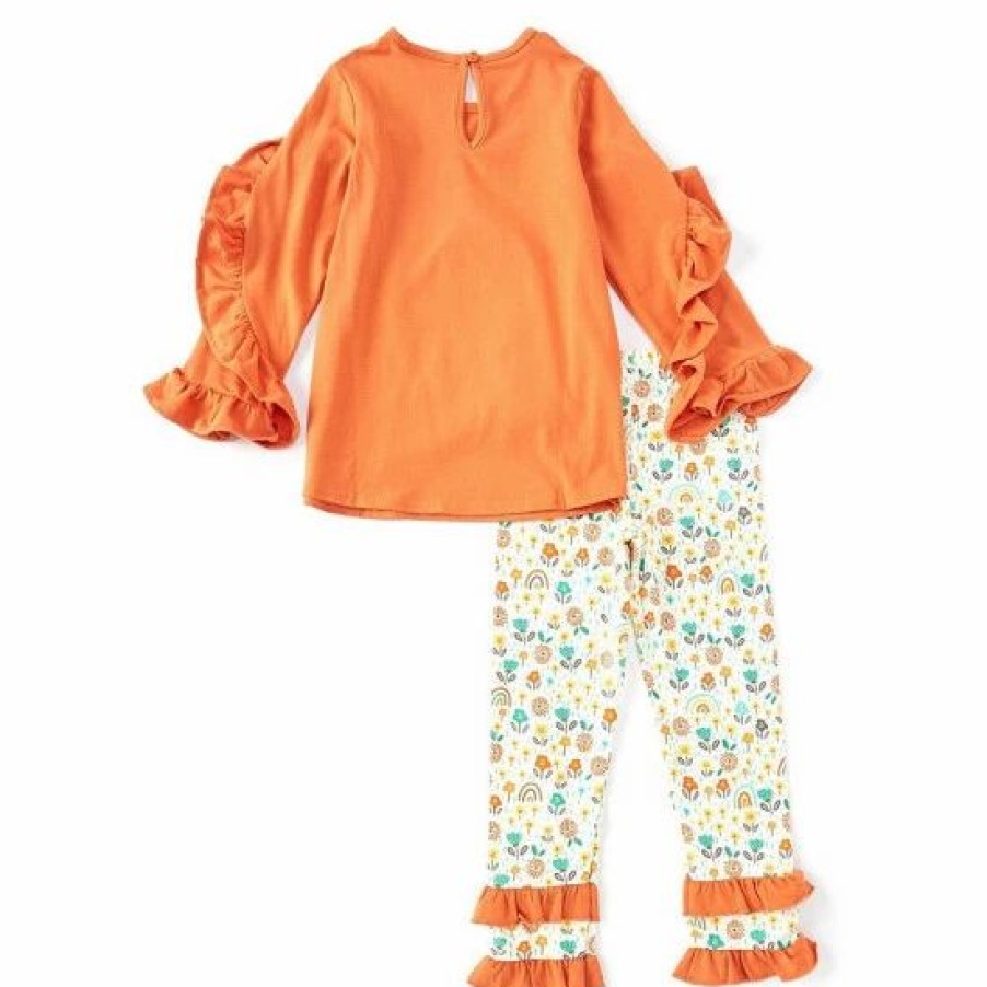 Kids * | Flash Sale Rare Editions Little Girls 2T-6X Ruffle-Sleeve Giraffe-Applique Tunic Top & Printed Ruched Pant 2-Piece Set Orange