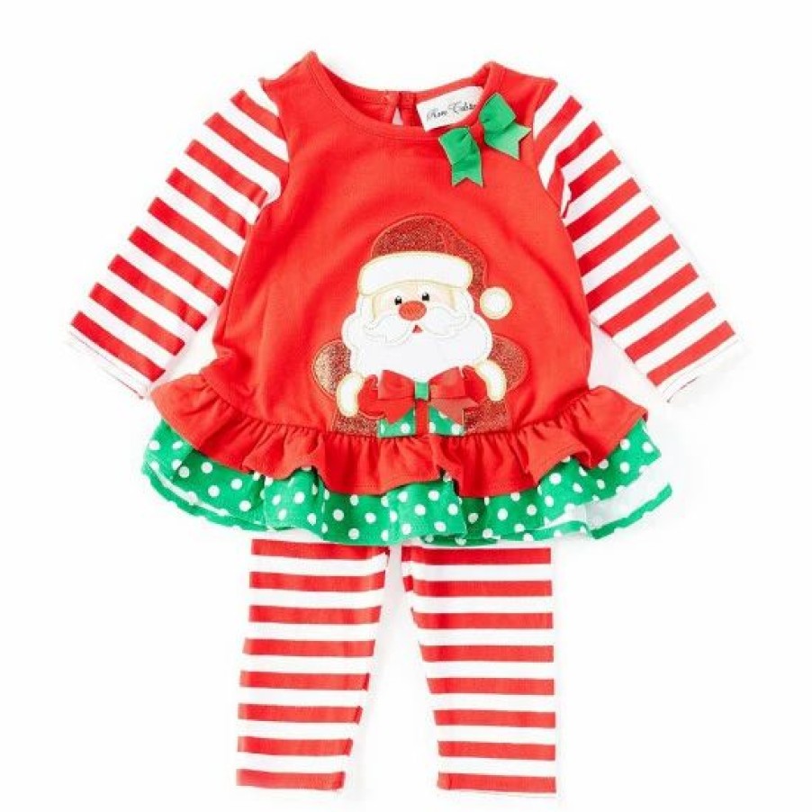 Kids * | Deals Rare Editions Baby Girls 3-24 Months Mixed-Media Santa-Applique Tunic Top & Striped Leggings Set Red