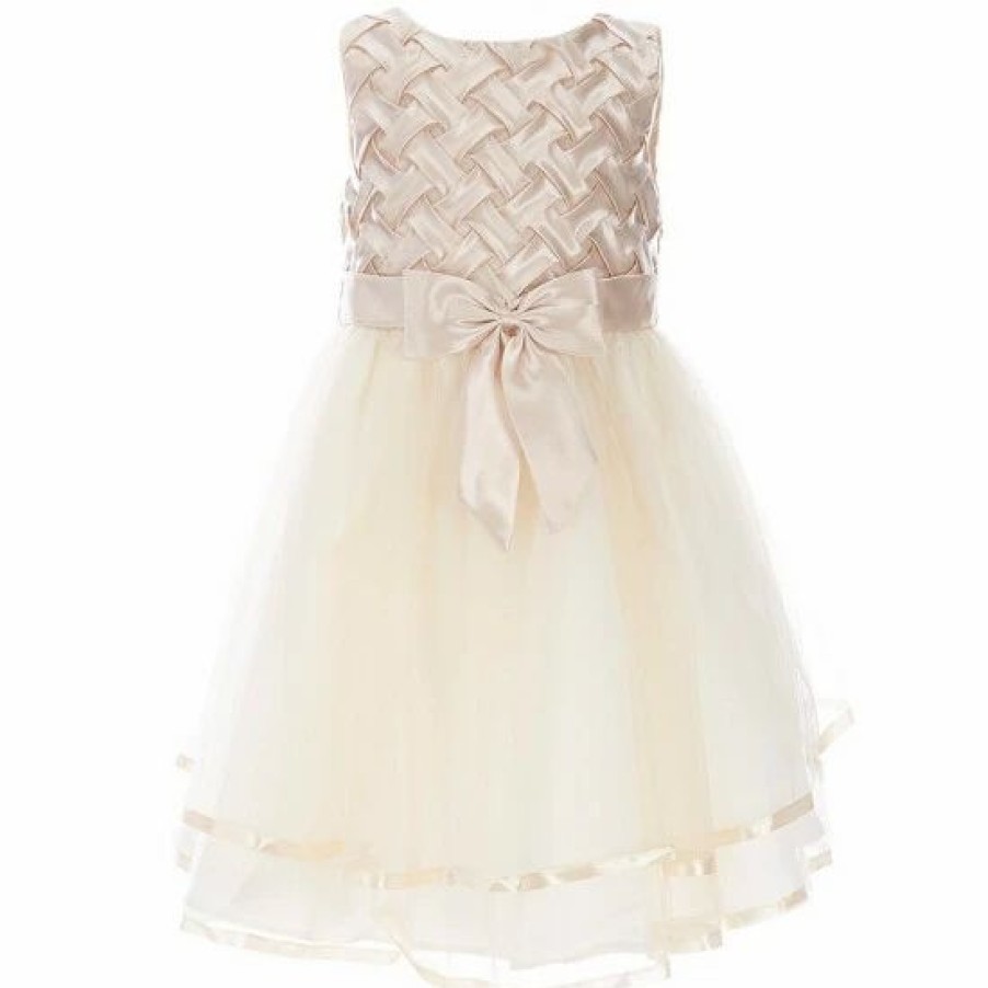 Kids * | Hot Sale Rare Editions Little Girls 2T-6X Sleeveless Satin Ribbon Basket Weave Bow Detail Tiered Mesh Dress Taupe