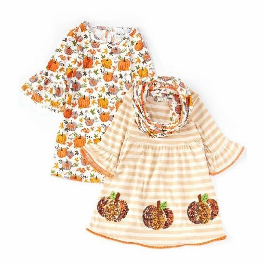 Kids * | Best Deal Rare Editions Little Girls 2T-6X Long-Sleeve Pumpkin Shift Dress, Striped Pumpkin-Appliqued Fit-And-Flare Dress & Scarf Set Ivory