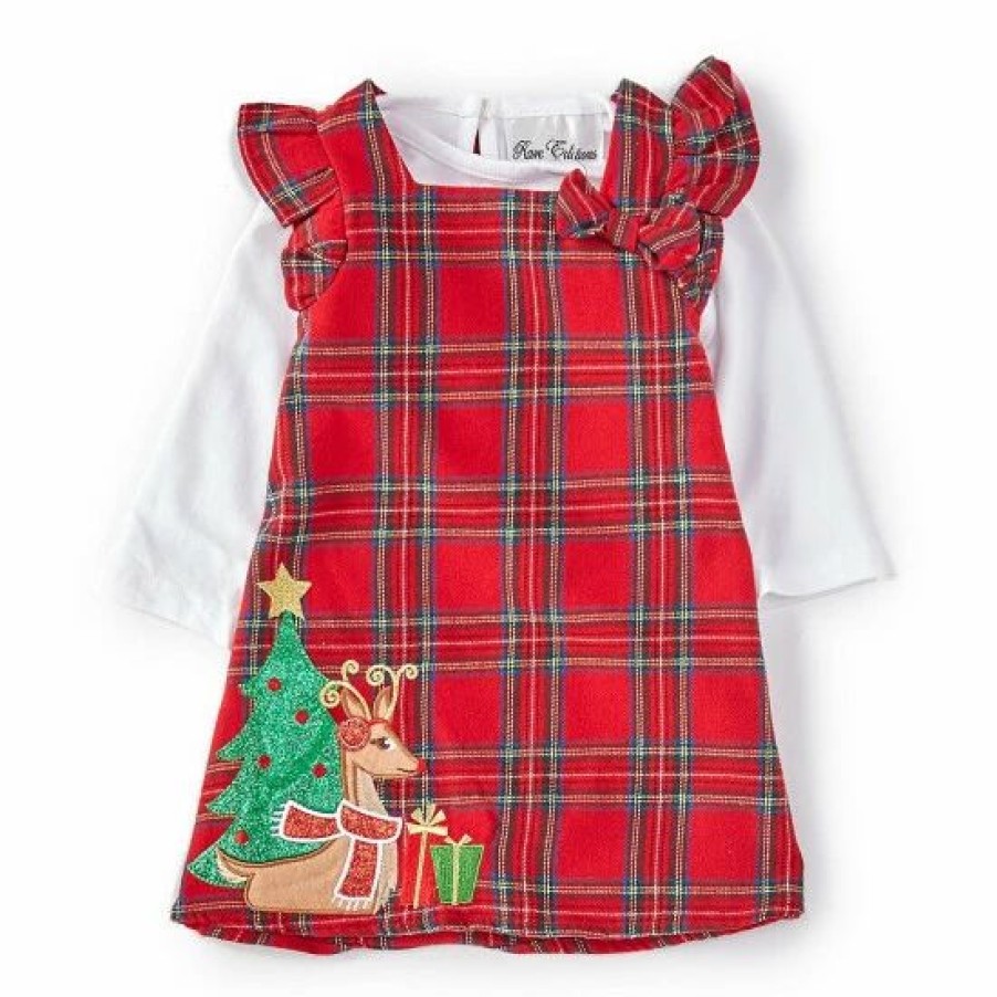 Kids * | Best Pirce Rare Editions Baby Girls 3-24 Month Christmas Plaid Reindeer Woven Jumper Dress & Solid Long-Sleeve Tee Set Red