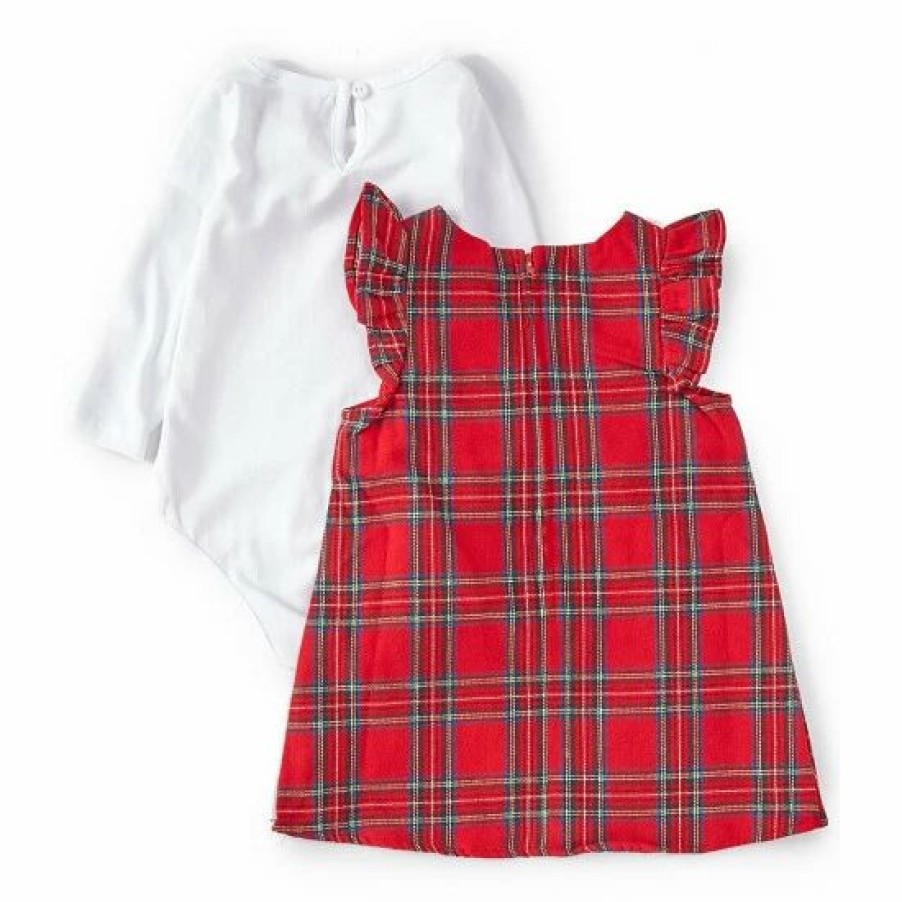 Kids * | Best Pirce Rare Editions Baby Girls 3-24 Month Christmas Plaid Reindeer Woven Jumper Dress & Solid Long-Sleeve Tee Set Red