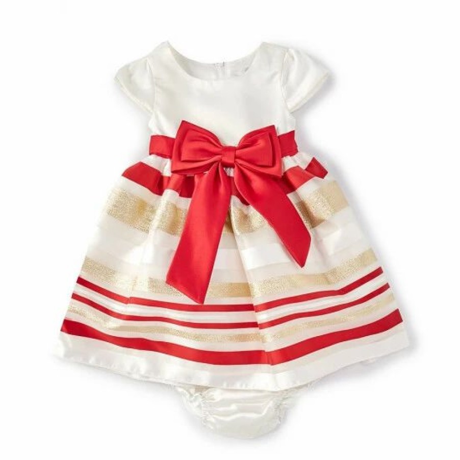 Kids * | Brand New Rare Editions Baby Girls 12-24 Months Cap-Sleeve Satin-Bodice/Striped Organza-Skirted Fit-And-Flare Dress Red