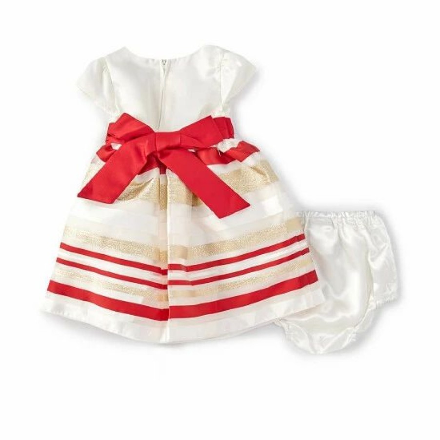 Kids * | Brand New Rare Editions Baby Girls 12-24 Months Cap-Sleeve Satin-Bodice/Striped Organza-Skirted Fit-And-Flare Dress Red