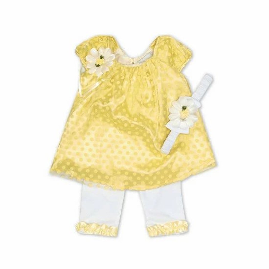 Kids * | Deals Rare Editions Baby Girls 3-24 Months Flock Dot Mesh Daisy Long Sleeve Top & Solid Legging Set Yellow