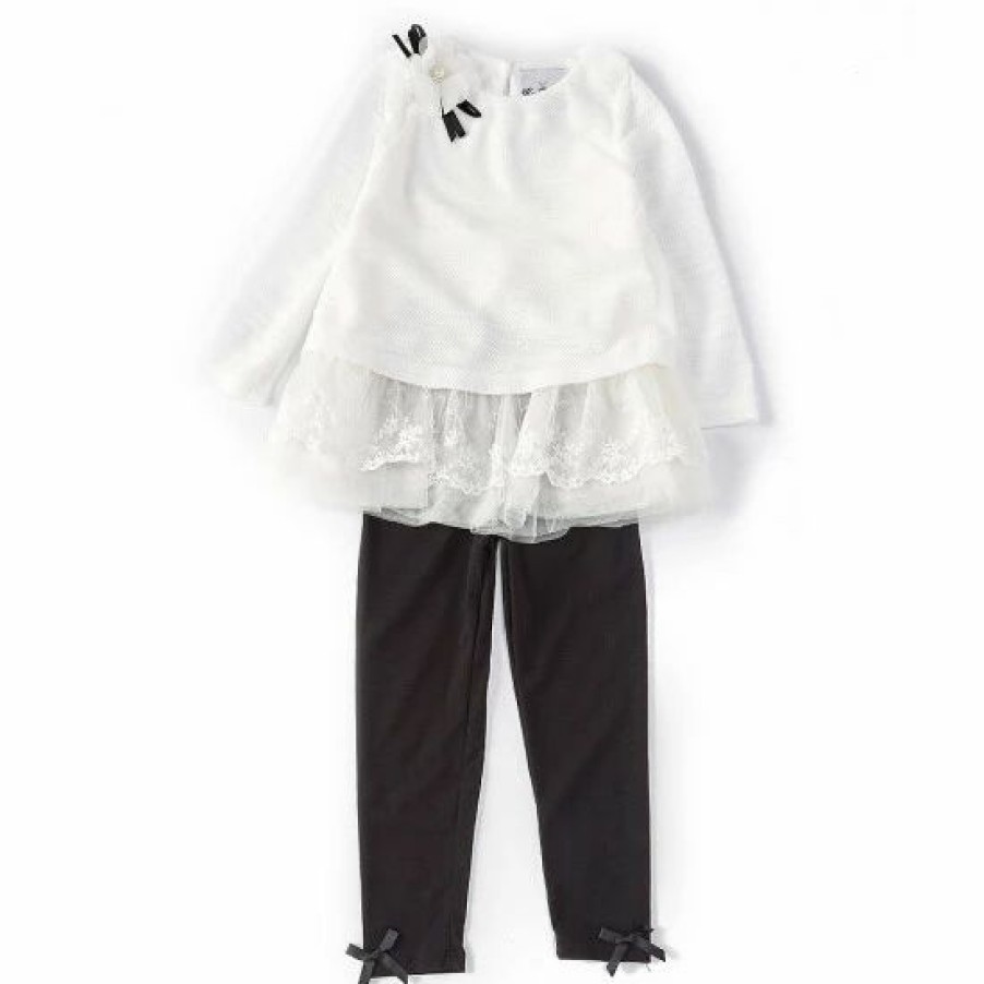 Kids * | Best Sale Rare Editions Little Girls 2T-6X Texture Knit With Lace Ruffles Top & Solid Knit Leggings Set White