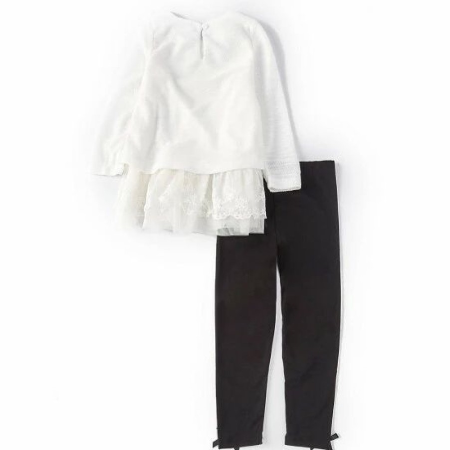 Kids * | Best Sale Rare Editions Little Girls 2T-6X Texture Knit With Lace Ruffles Top & Solid Knit Leggings Set White