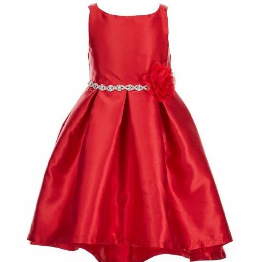 Kids * | Cheap Rare Editions Little Girls 2T-6X Sleeveless Round Neck Mesh Flower Rhinestone Waist Pleated High-Low Taffeta Holiday Dress Red